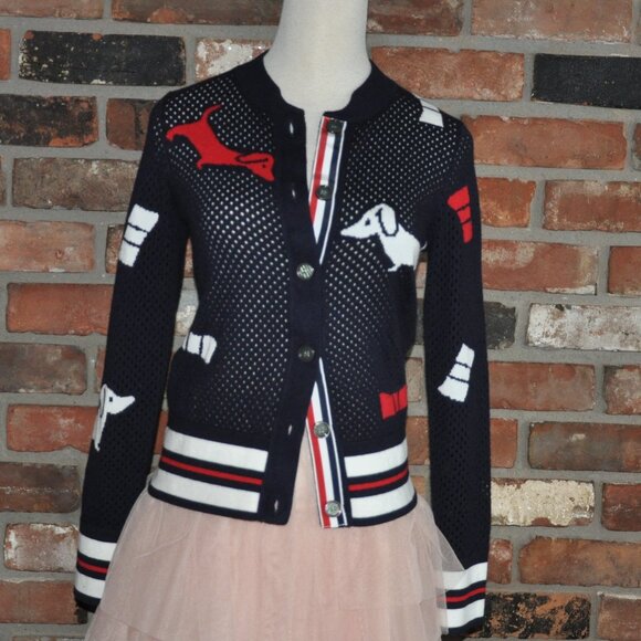 THOM BROWNE Pointelle Hector Bow Navy Wool Cardigan Intarsia-knit Sweater S - Picture 4 of 16